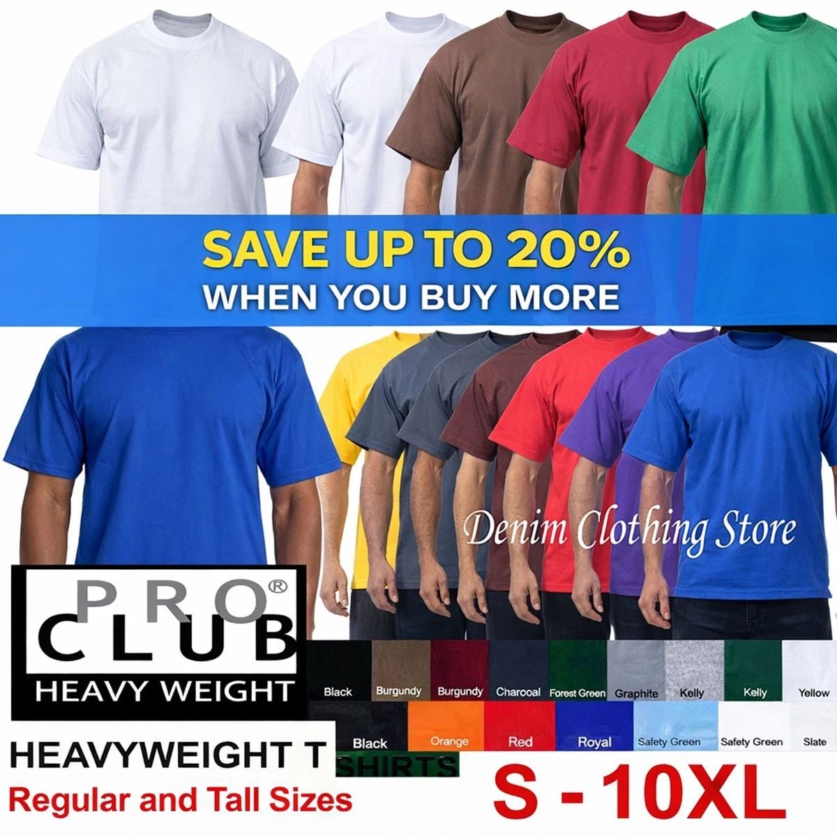 Pro Club Men's Heavyweight T-Shirt Crew Neck Plain Blank Short Sleeve Tee S-10XL