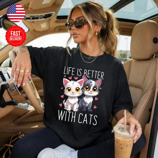 Life Is Better With Cat T-Shirt Cute Kitty Lover Gift Graphic Tee S-4XL
