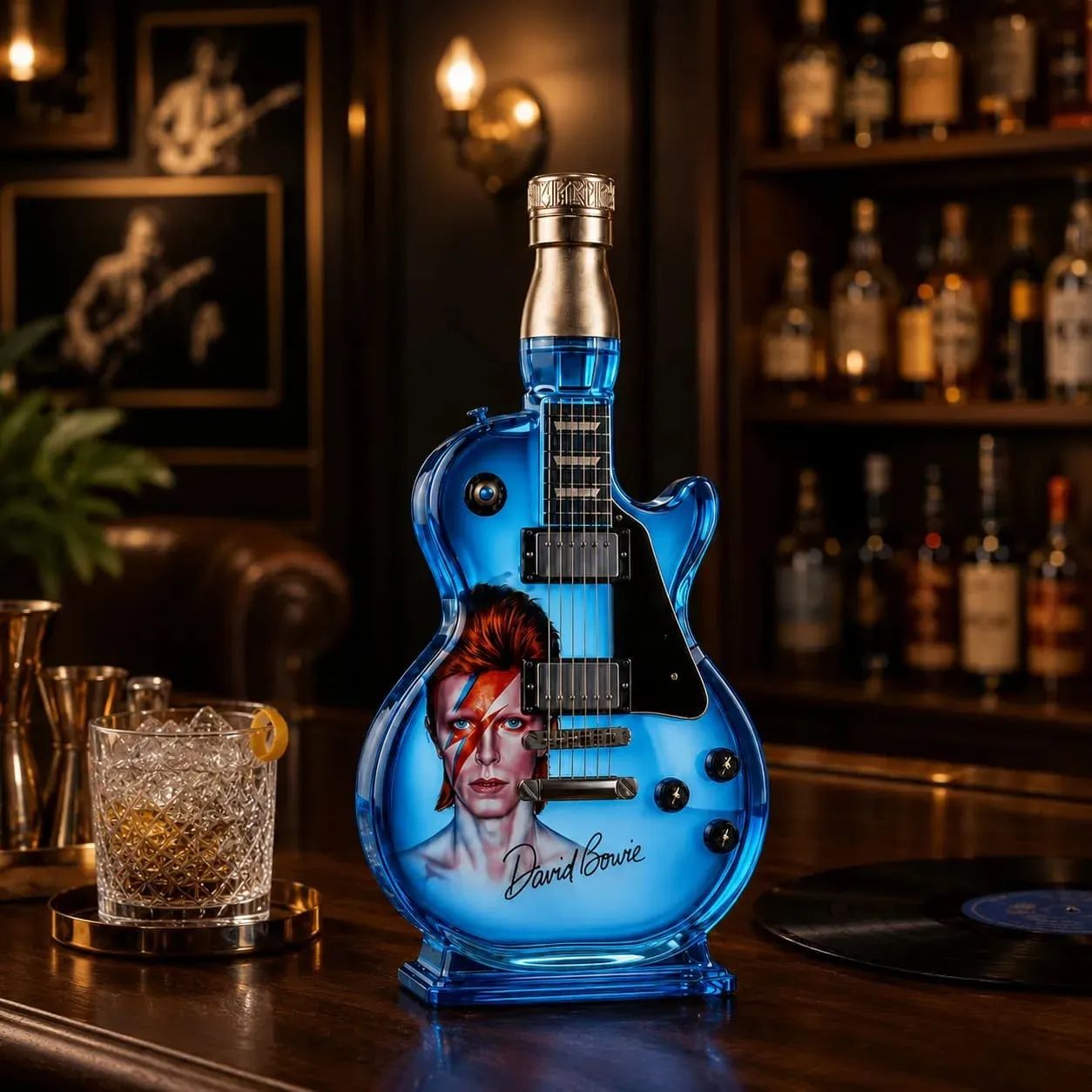 David Bowie Electric Guitar-Shaped Glass Ice-Blue Bottle