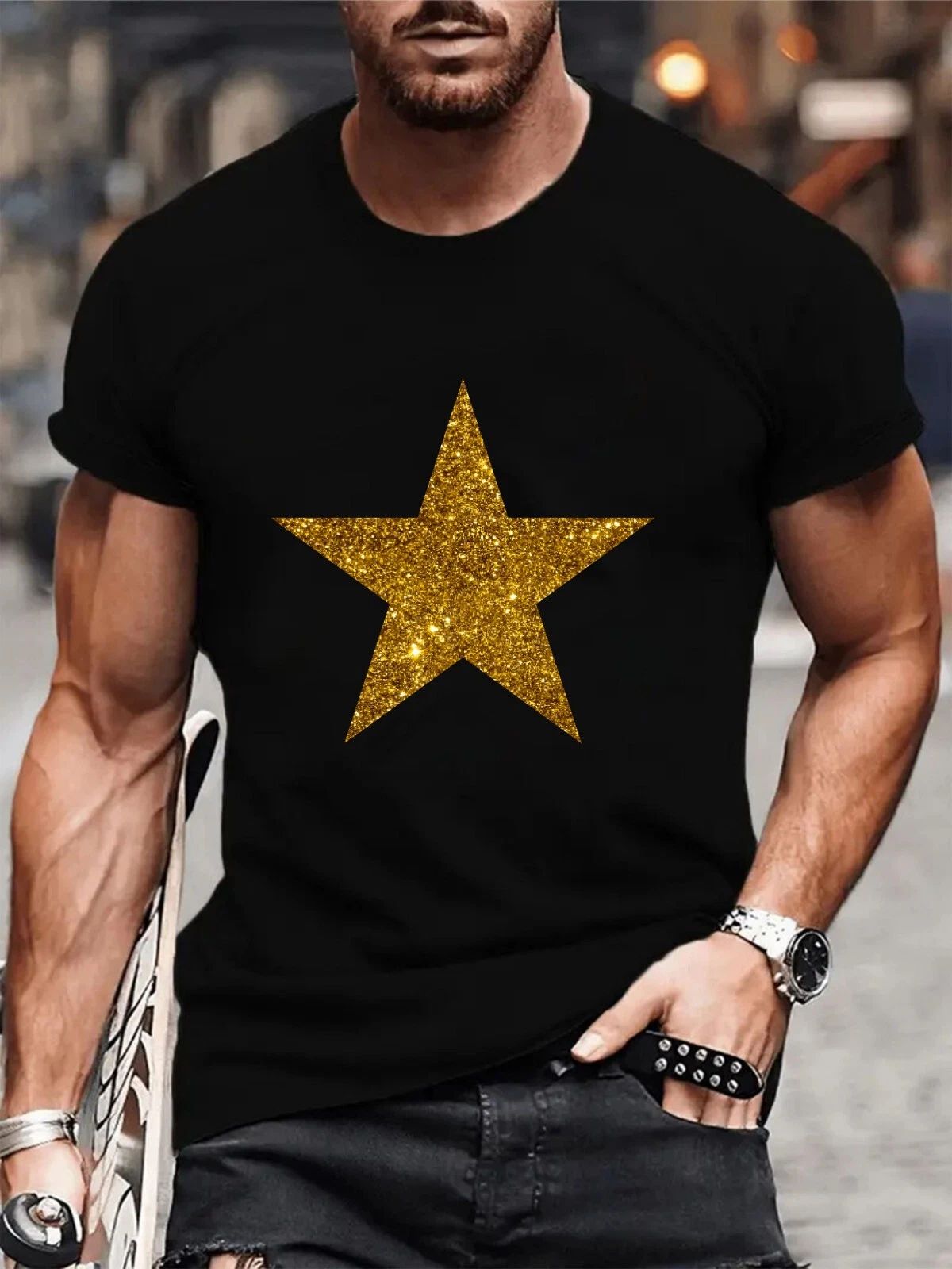 Vinyl Gold Glitter Star T-Shirt – Retro Music for Fashion & Collectors Tee Top