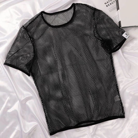 Mesh See Through Men TShirt Fishnet Short Sleeve Clubwear Undershirt Tee