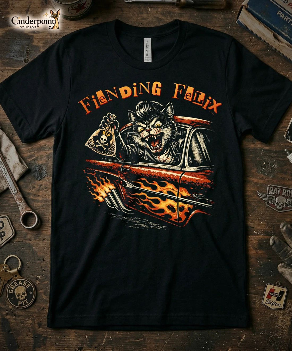 Fiending Felix Degenerate Cat T-Shirt - Kustom Kulture Cat in Hot Rod XS-5X