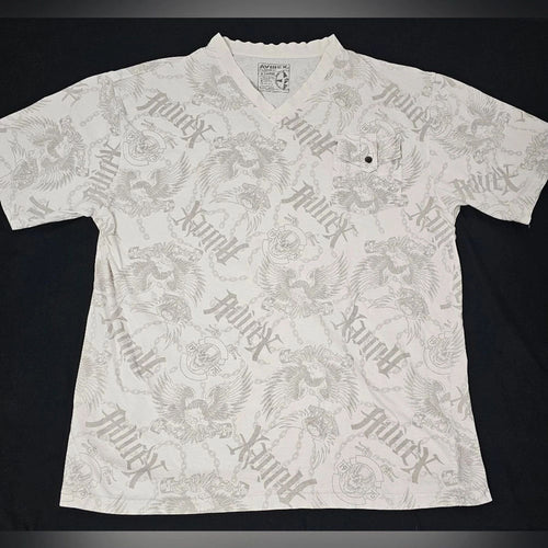 Avirex X-Large Graphic V-Neck Tee – All Over Chain & Eagle Print – White/Grey