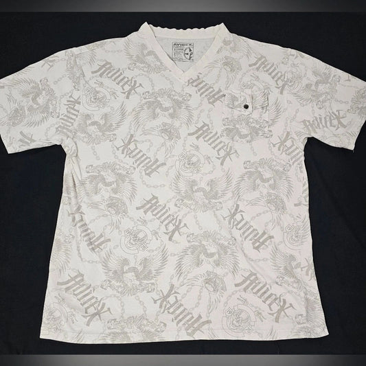 Avirex X-Large Graphic V-Neck Tee – All Over Chain & Eagle Print – White/Grey