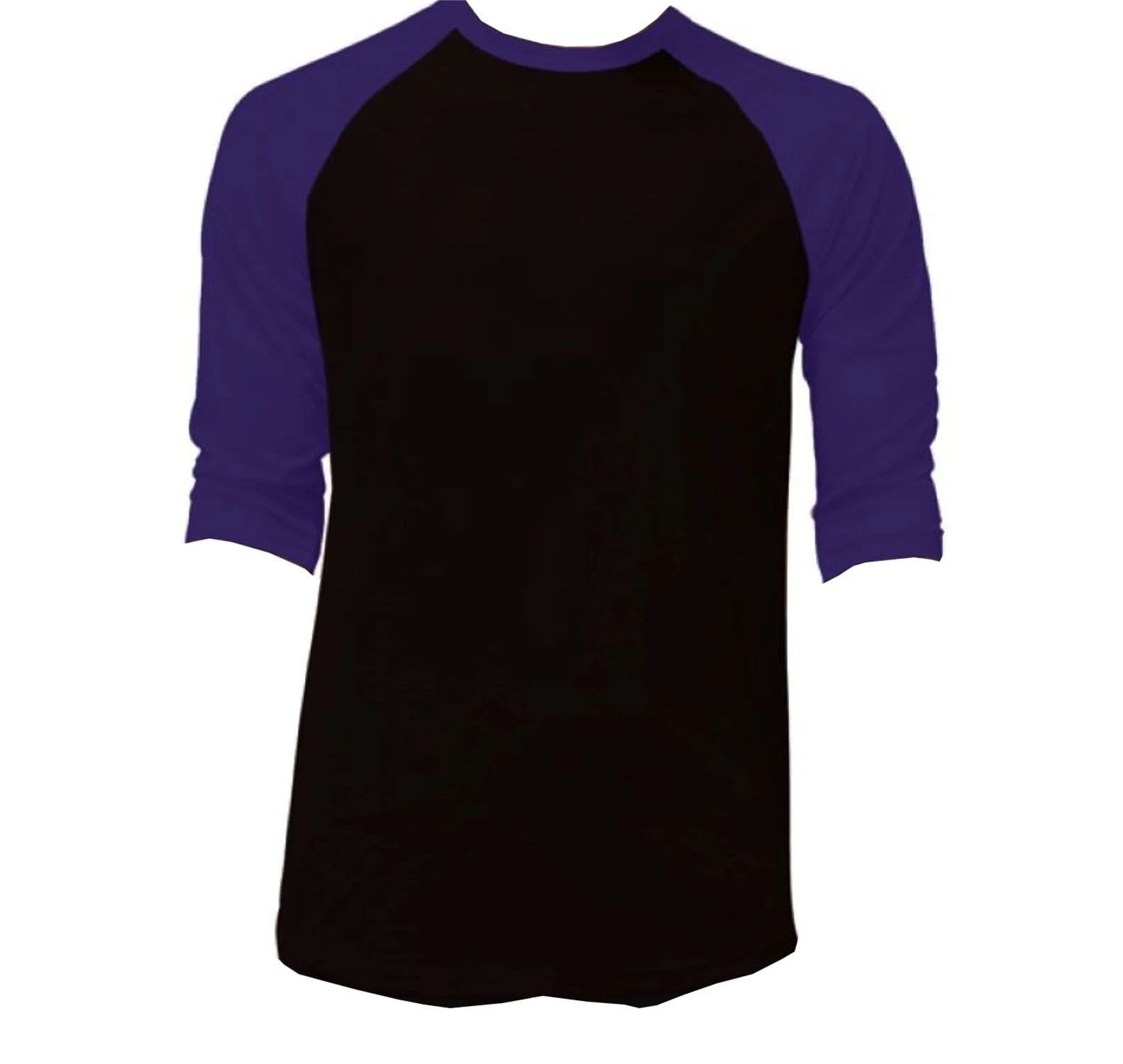 3/4 Sleeve Plain Baseball Raglan T-Shirt Tee Mens Sports Jersey Black Purple XL