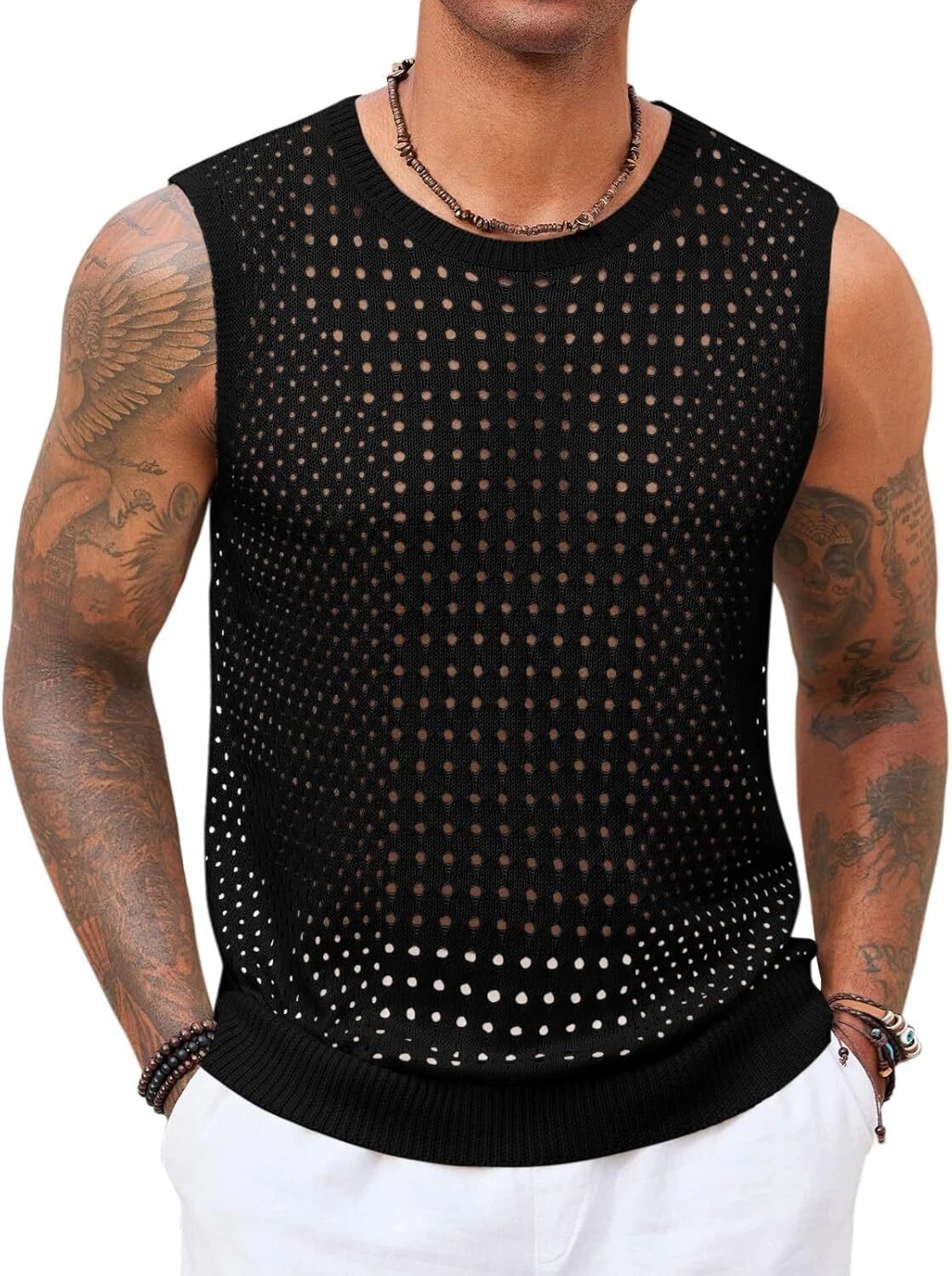 Men's Sleeveless Knit Tank Top Hollow Out See Through Casual Summer Beach Shirt