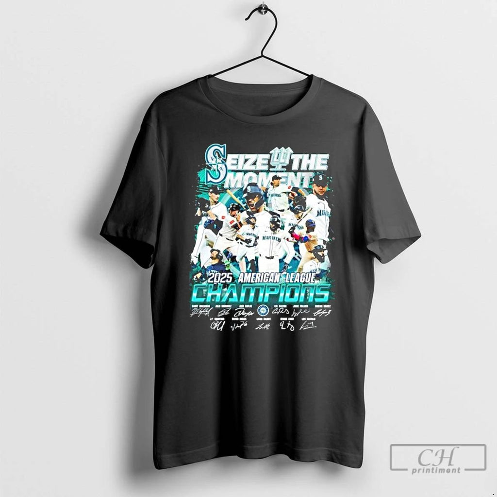 Classic Seattle Mariners Seize The Moment 2025 American League Champions Signatures T Shirts