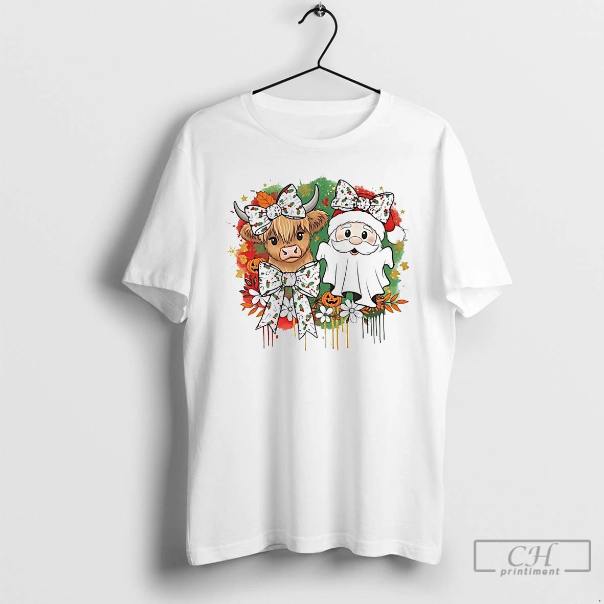 Classic Cow And Santa Ghost Christmas Wreath T Shirts
