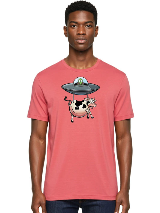Alien-Abducting-Cow Mens Graphic Tee, 100% Cotton, Casual Summer Wear