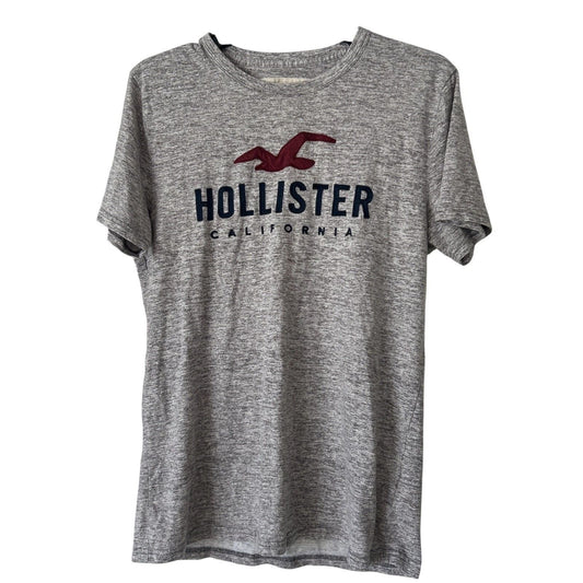 Hollister California Mens Medium Heather Grey Graphic T-Shirt Burgundy Logo Tee