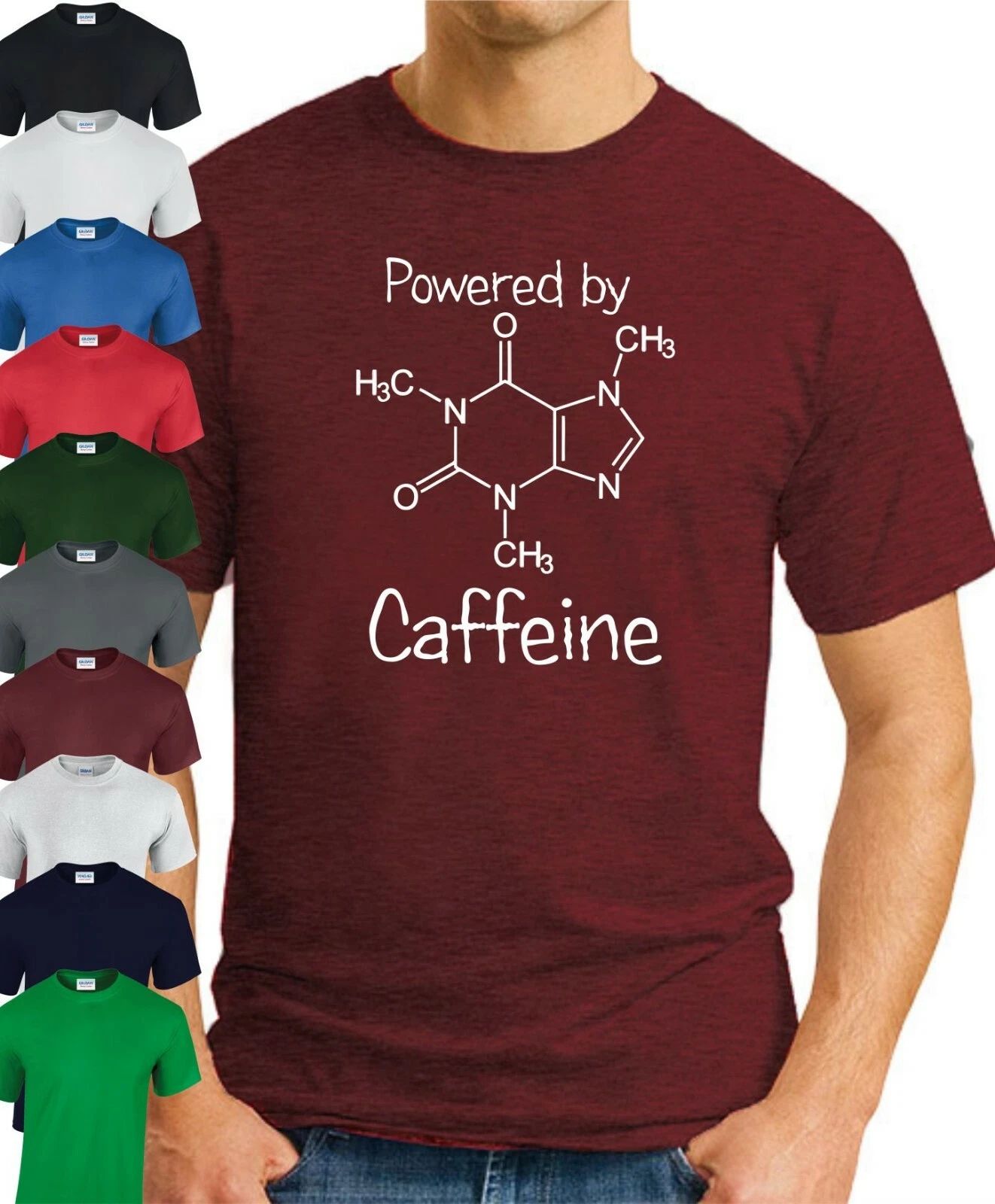 POWERED BY CAFFEINE T-SHIRT > Funny Slogan Novelty Geek Mens top Coffee Drinking