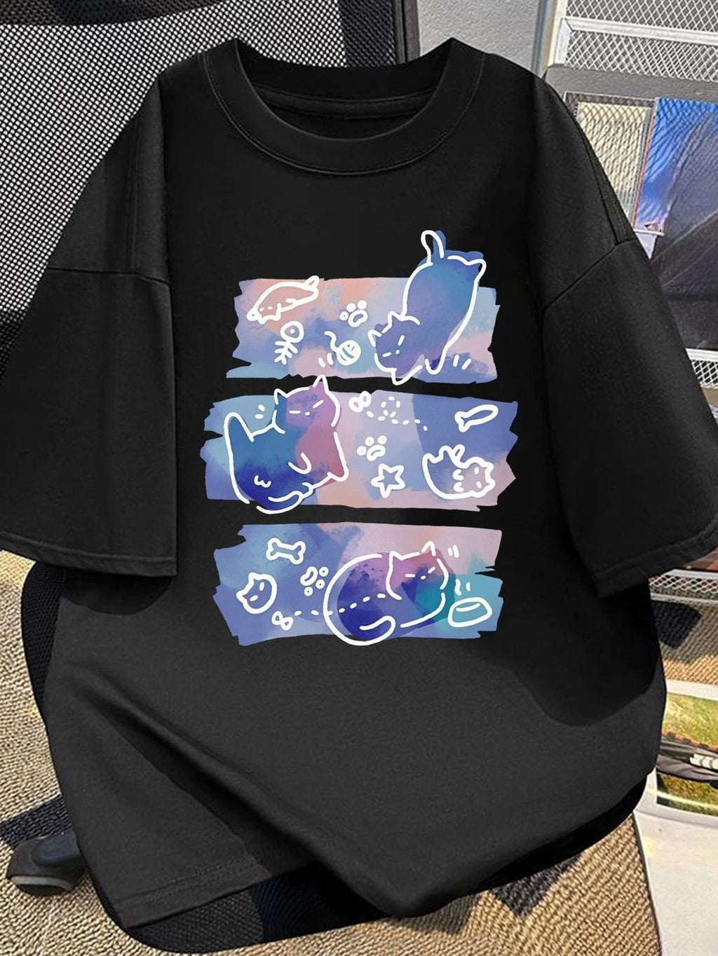 Men's Summer Casual Streetwear T-Shirt - Black Cat Print Short Sleeve Round Nec