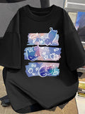 Men's Summer Casual Streetwear T-Shirt - Black Cat Print Short Sleeve Round Nec