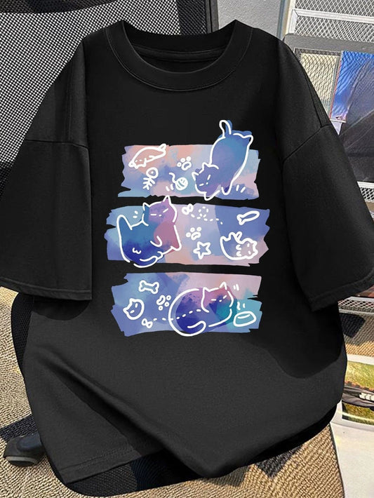Men's Summer Casual Streetwear T-Shirt - Black Cat Print Short Sleeve Round Nec
