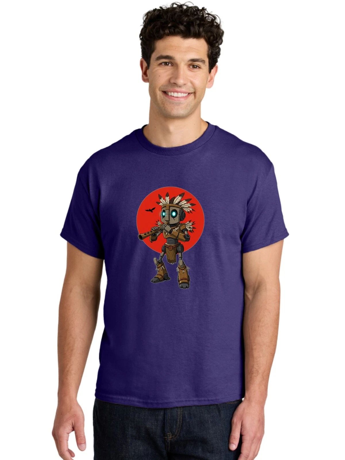 Robot-In-Native-Headdress Mens Graphic Tee, 100% Cotton, Casual Summer Wear
