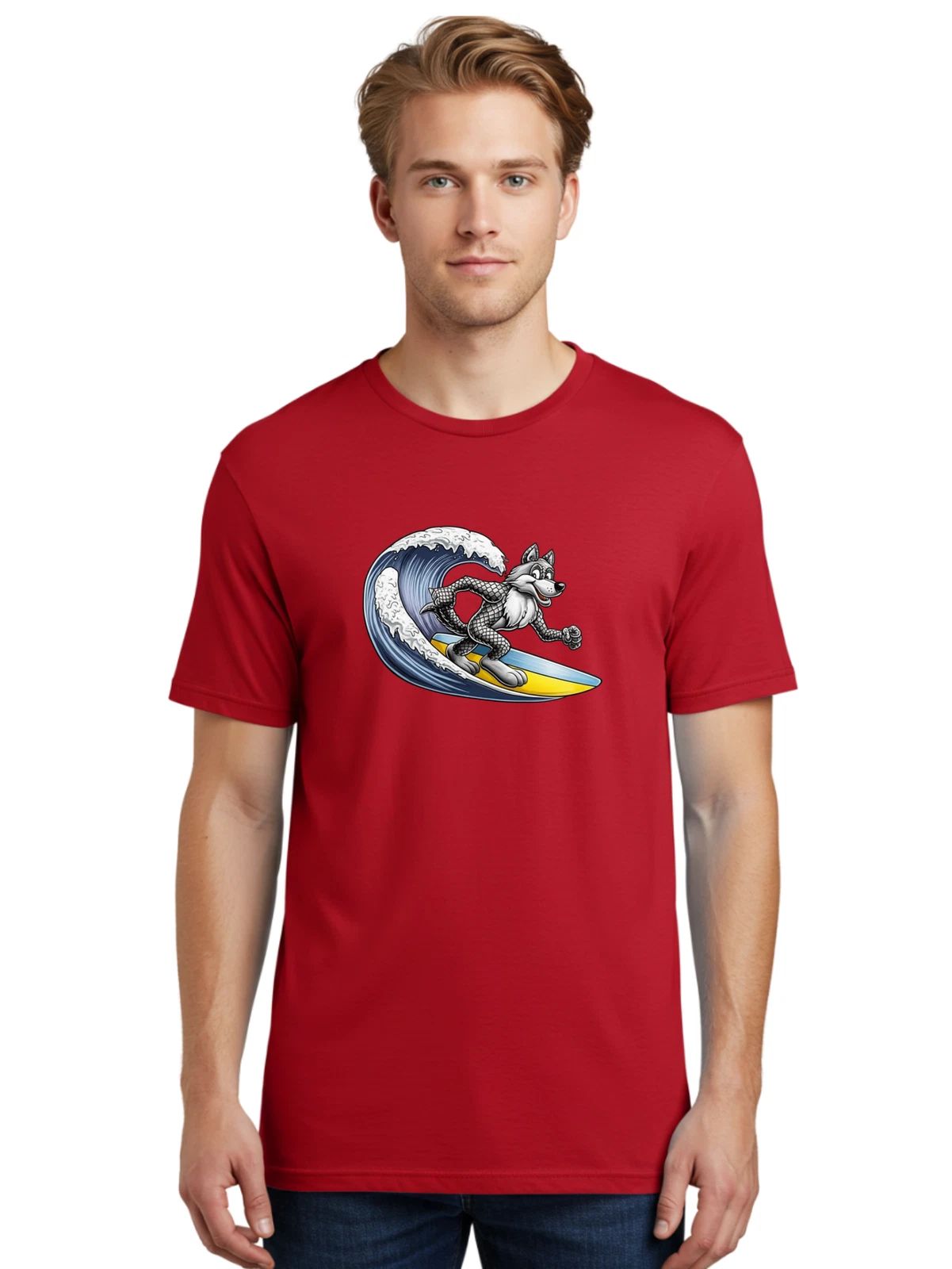 Surfing-Wolf Mens Graphic Tee, 100% Cotton, Casual Summer Wear