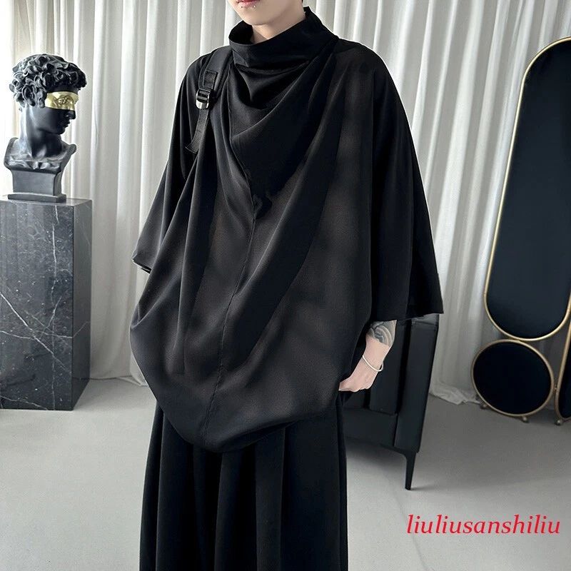 Men Silk Satin Gothic Shirt 3/4 Sleeve Loose Tops Punk Short Sleeve Stand Collar