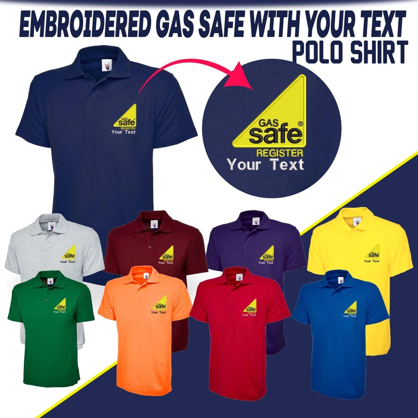 Embroidered Your Text Gas Safe Register Classic Polo Shirt Engineer Work Staff