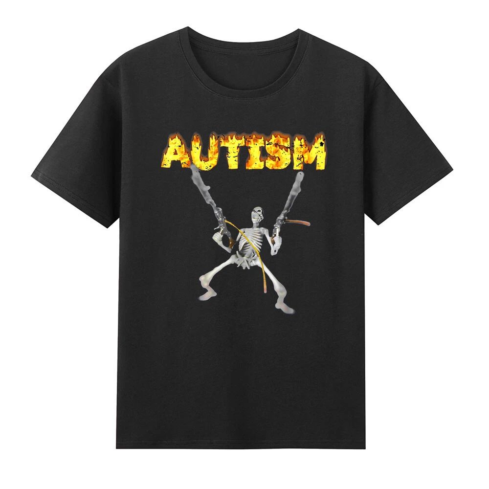 Autism Skeleton Funny Skull Holding Guns Dank Meme Vintage Men's Cotton T-Shirt