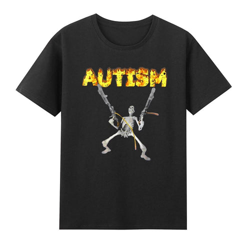 Autism Skeleton Funny Skull Holding Guns Dank Meme Vintage Men's Cotton T-Shirt