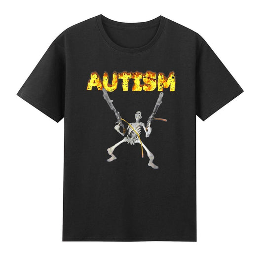 Autism Skeleton Funny Skull Holding Guns Dank Meme Vintage Men's Cotton T-Shirt