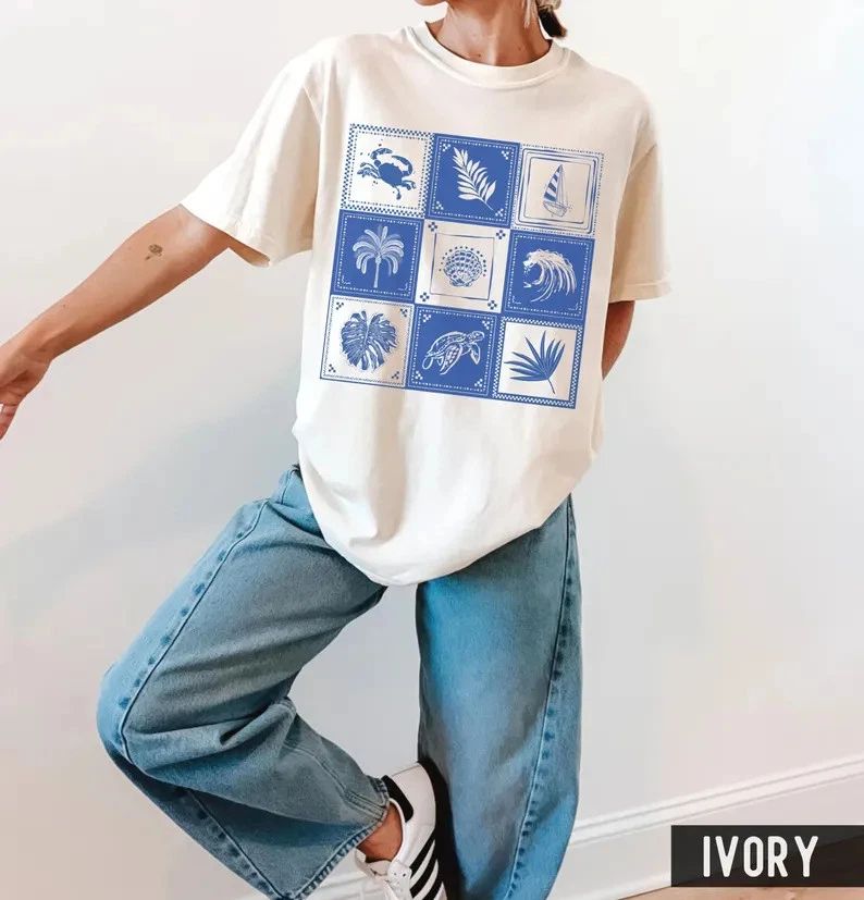 Checkered Ocean Tile Comfort Tee Beach Summer Aesthetic Gift