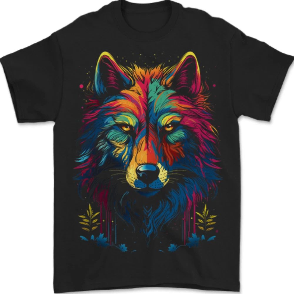 Colourful Fantasy Wolf Face Mens T-Shirt 100% Cotton