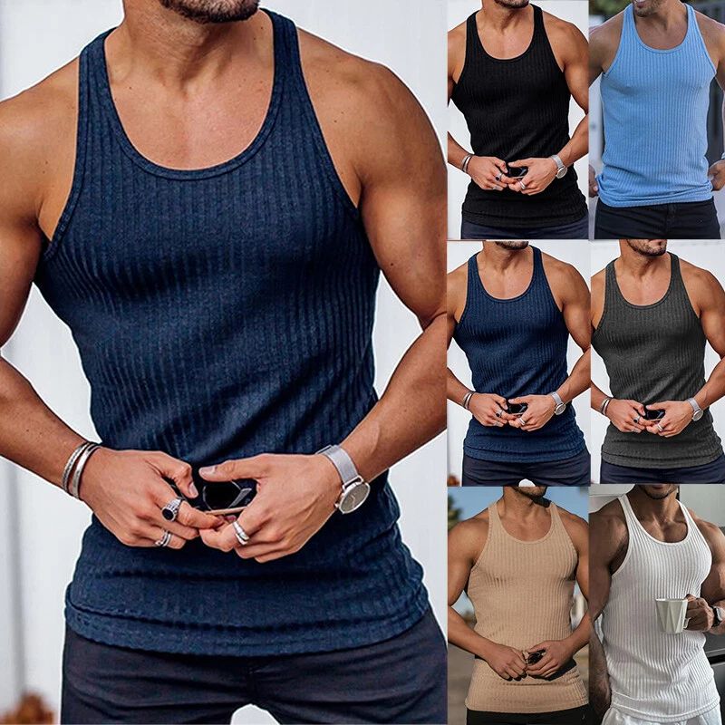 Mens Ribbed Racerback Gym Fitness Muscle Tank Workout Bodybuilding Running Vest