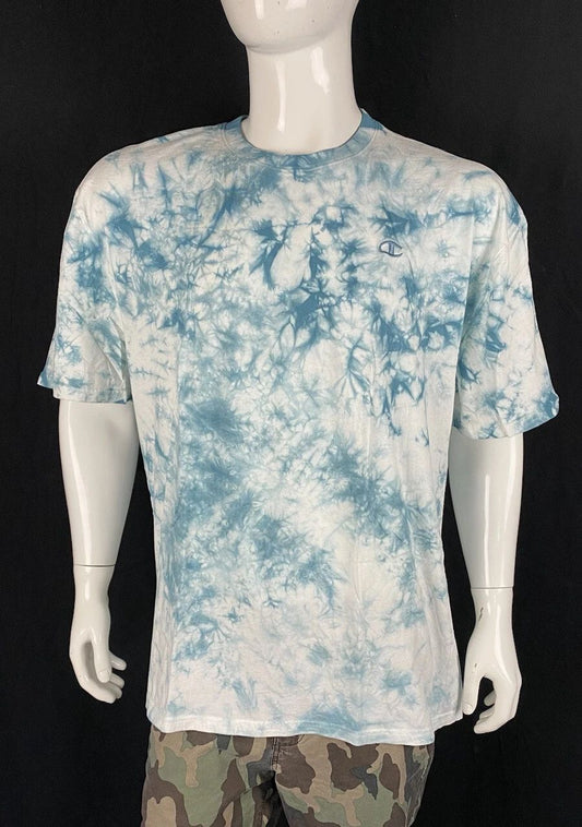 Champion White & Blue Tie Dye Embroidered Logo Short Sleeve T Shirt, Men's XL