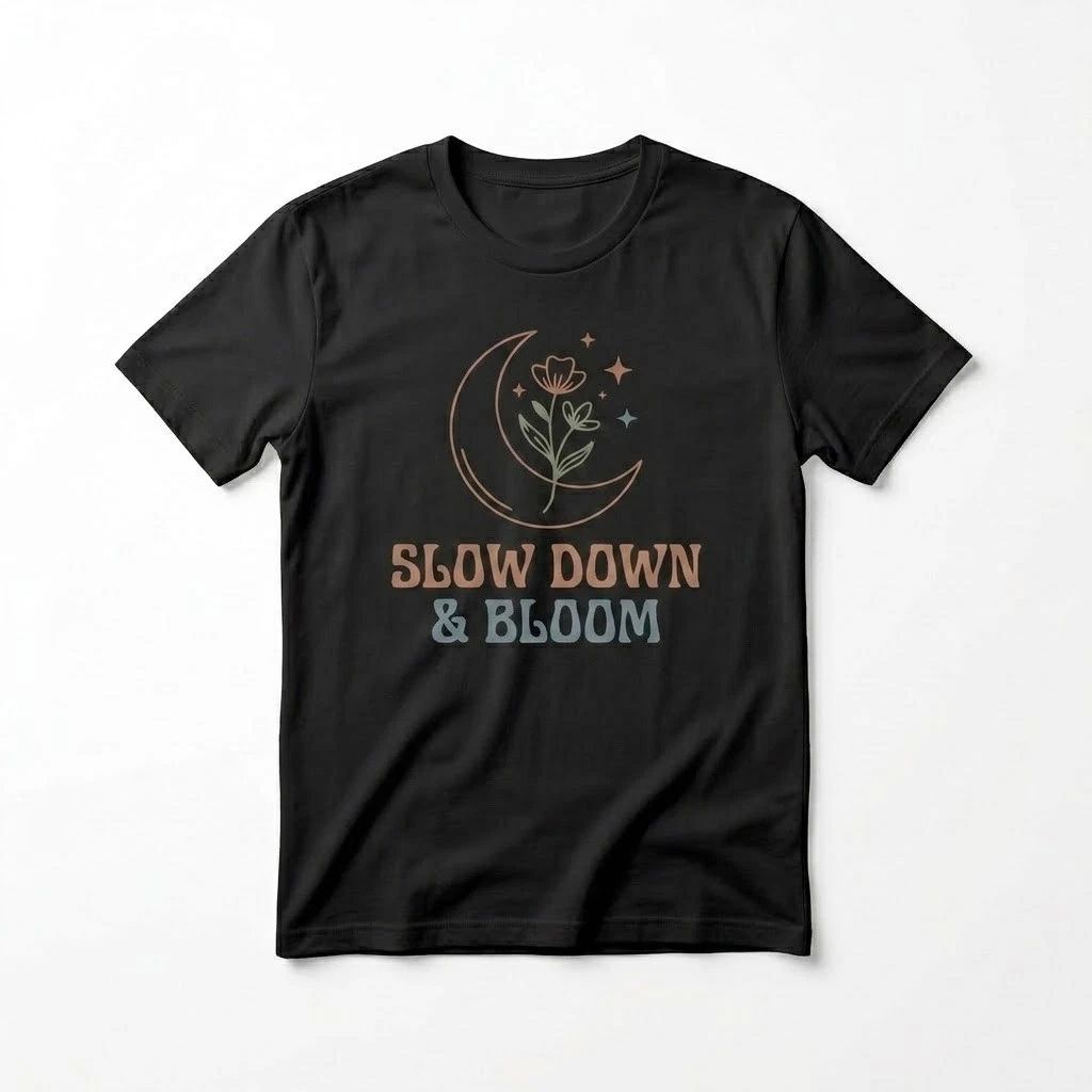 Slow Down & Bloom Shirt Aesthetic Celestial Moon Floral Tee Boho Graphic T-Shirt