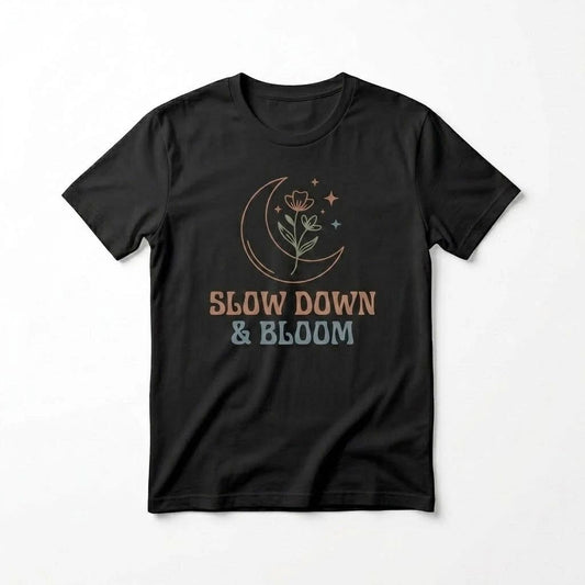 Slow Down & Bloom Shirt Aesthetic Celestial Moon Floral Tee Boho Graphic T-Shirt