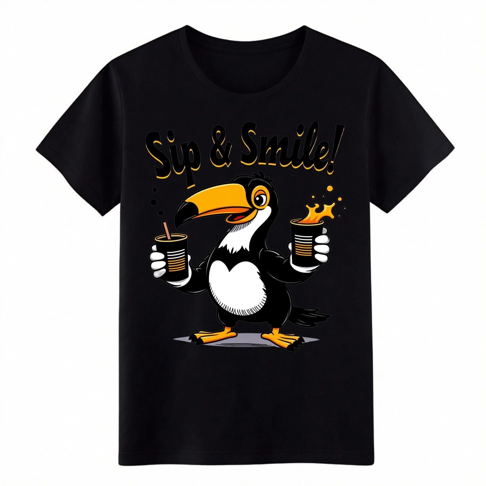 Sip & Smile Toucan Graphic Tee-Cute Cartoon Bird Print T-Shirt for Daily Wear