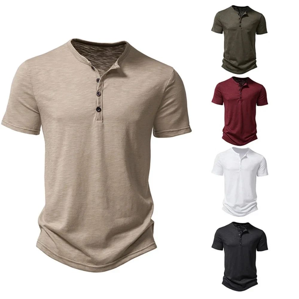 Henley Collar Summer Men Casual Solid Color Short Sleeve T Shirt for Men