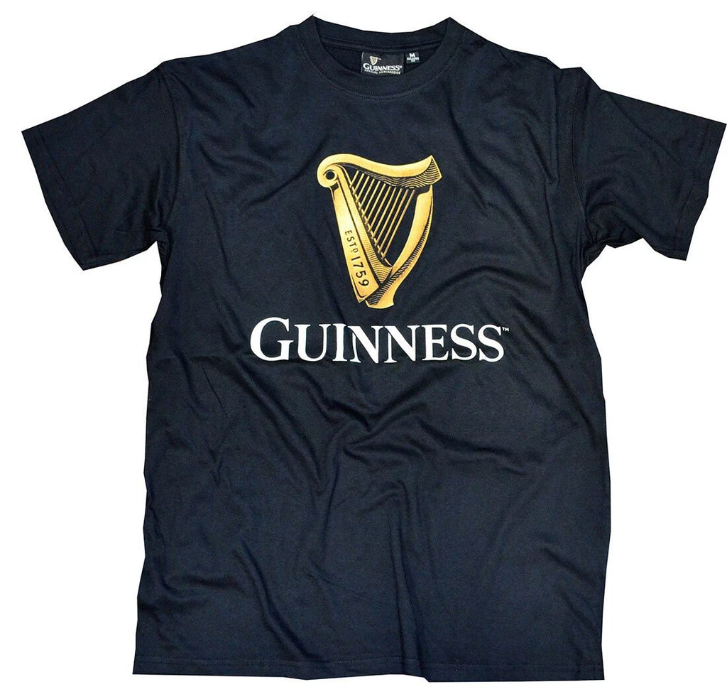 Traditional Craft Guinness Men's Black Cotton T-Shirt, Irish Gold Harp Design