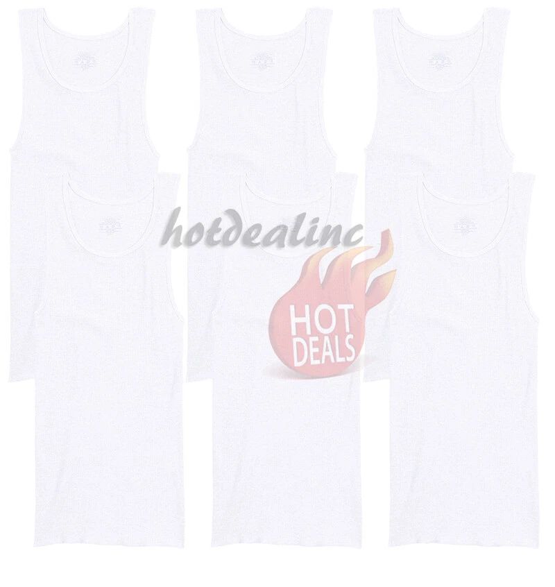 6 Pack Men's White 100% Cotton Tank Top A-Shirt Ribbed Undershirt Size:S-2XL