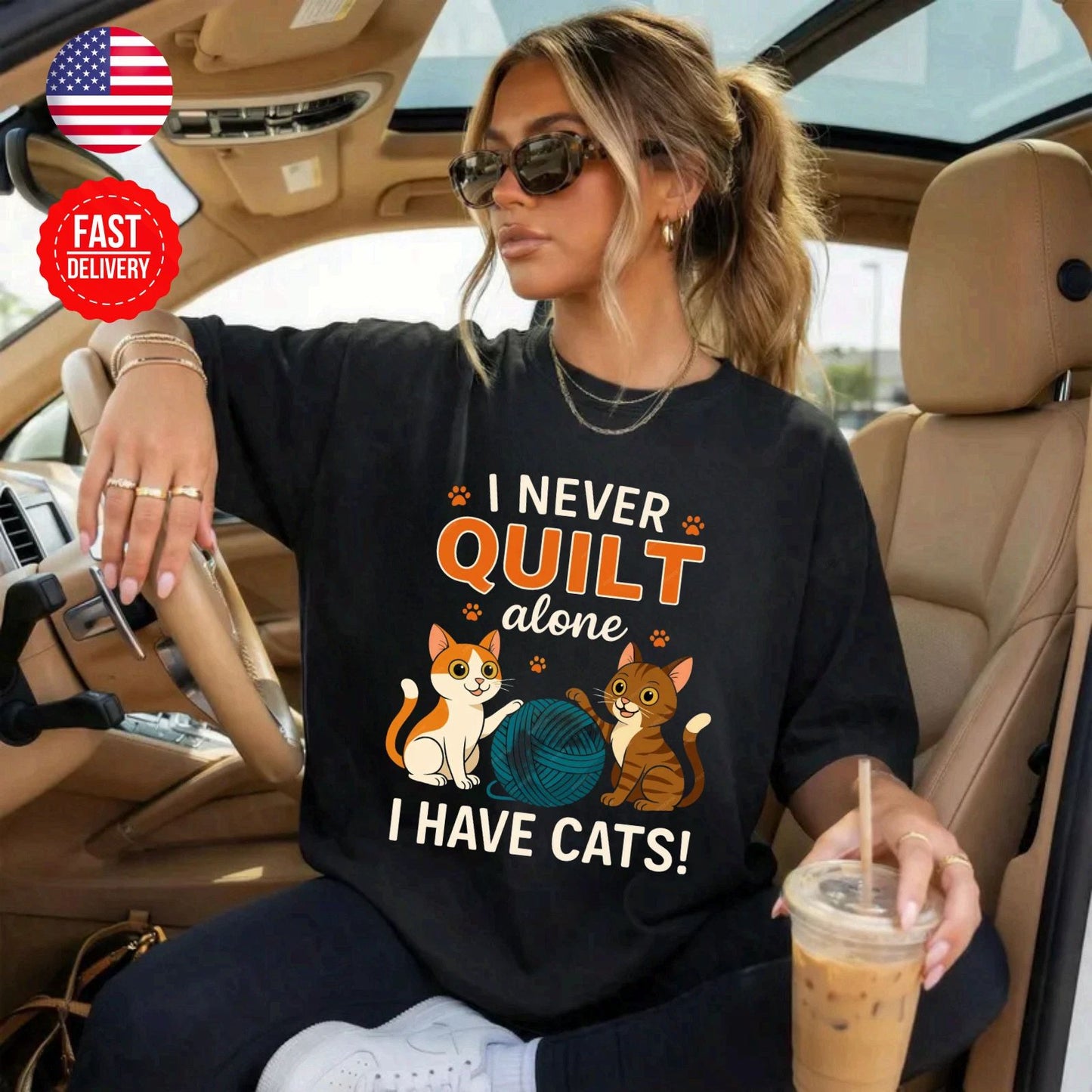 Cat Never Quilt Alone T-Shirt Cute Kitty Lover Gift Graphic Tee S-4XL