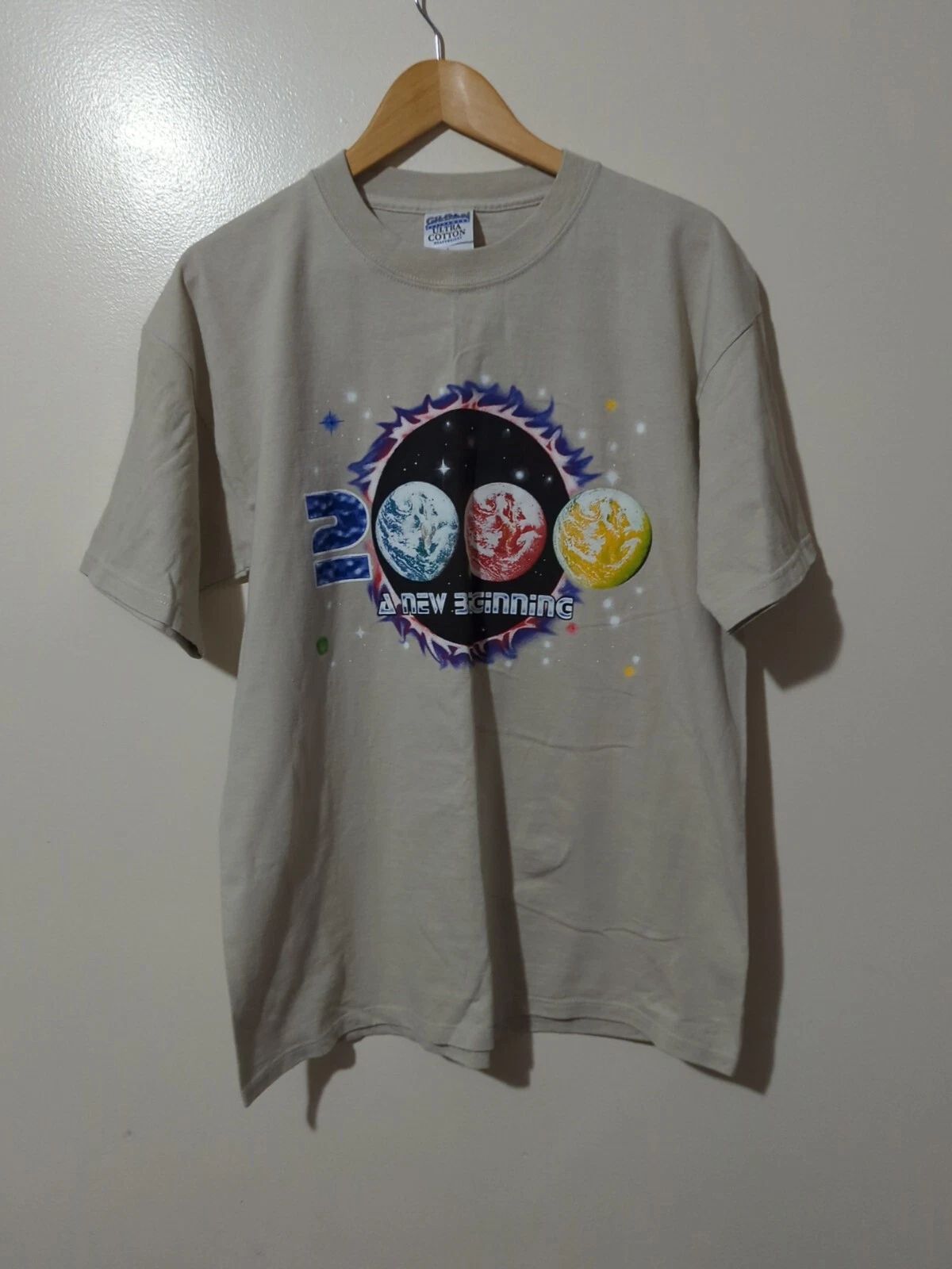 Y2K Millenium Galaxy Planets Beige T Shirt 2000 Men L S21