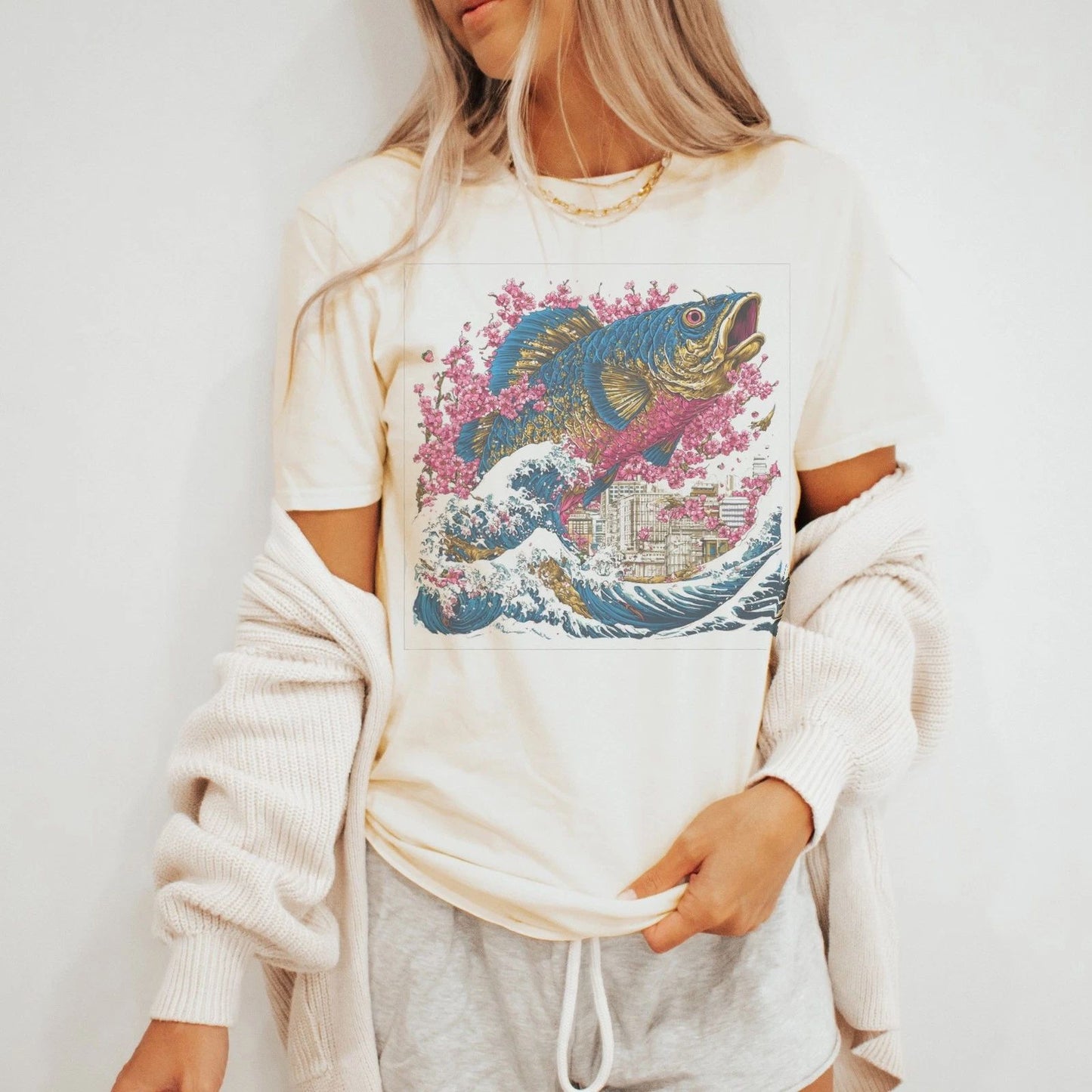 Japanese Koi Fish Graphic Tee with Cherry Blossoms and Urban Waves