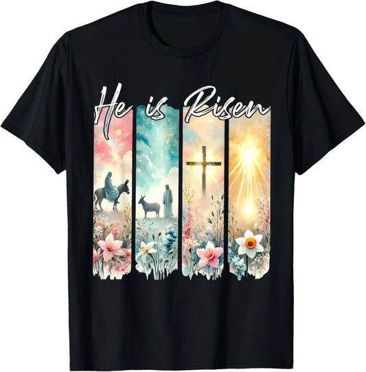 He Is Risen Flowers Easter Aesthetic Jesus Cross Christian T Shirt
