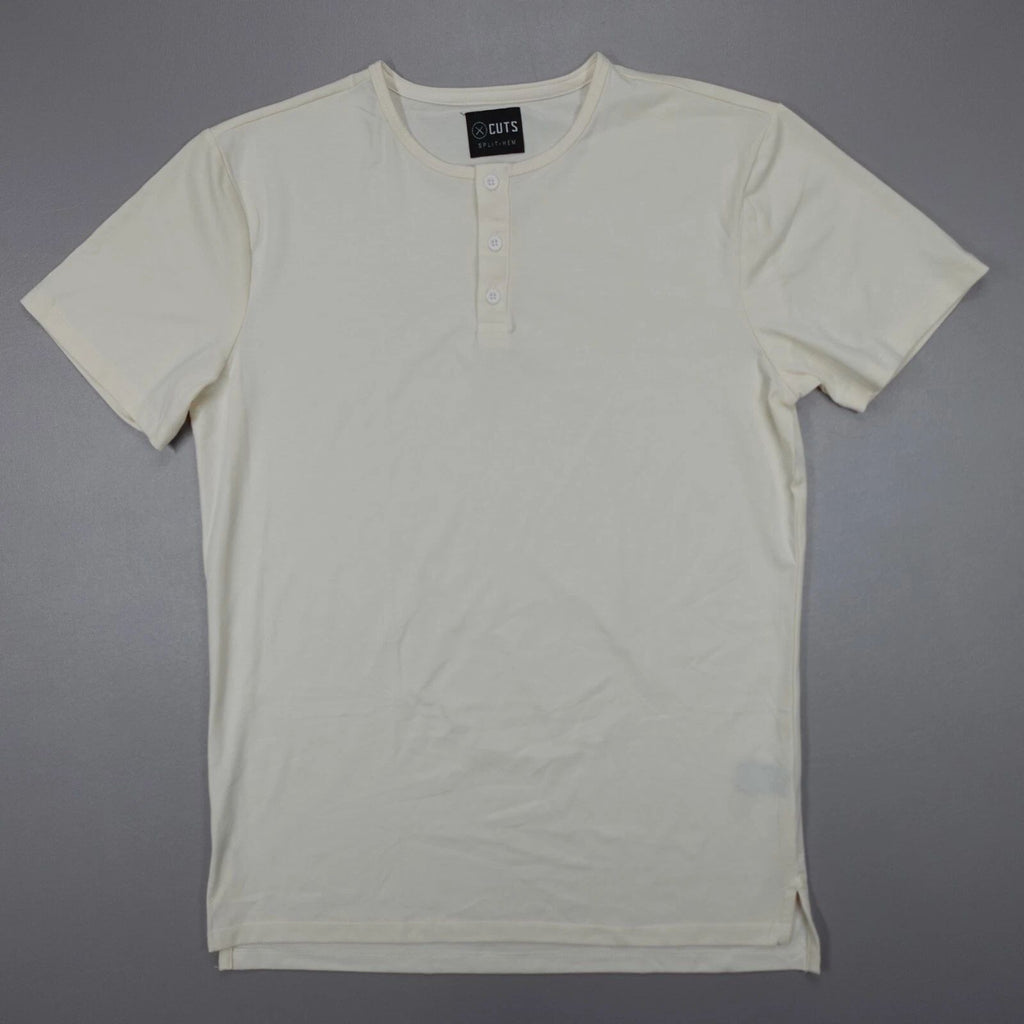 Cuts Clothing Split Hem Short Sleeve Tee Henley Stretch Beige Slim Fit
