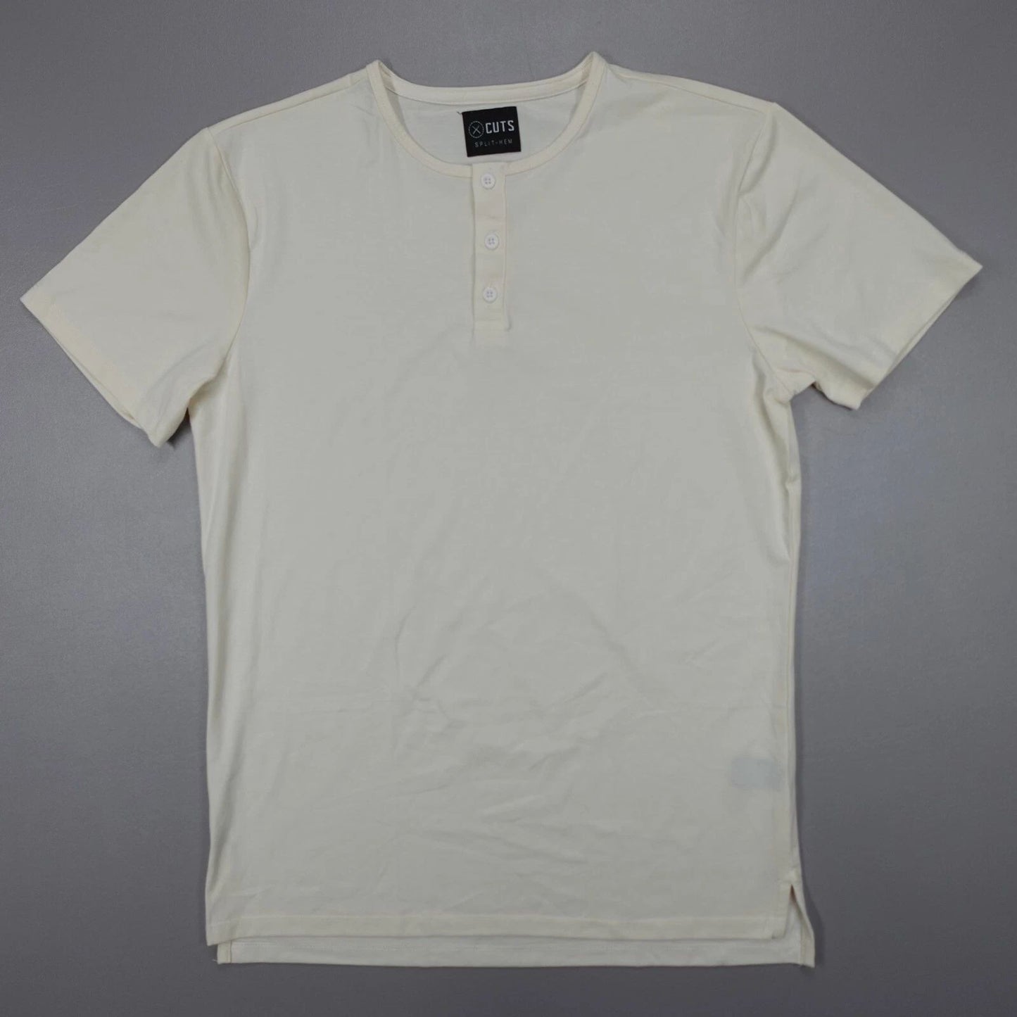 Cuts Clothing Split Hem Short Sleeve Tee Henley Stretch Beige Slim Fit