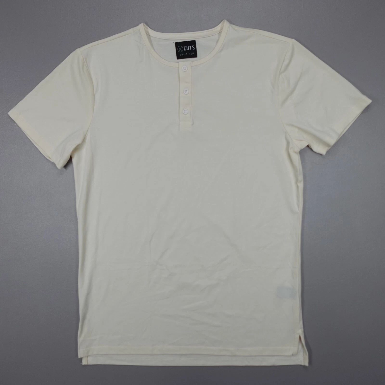 Cuts Clothing Split Hem Short Sleeve Tee Henley Stretch Beige Slim Fit