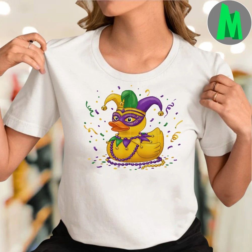 Original Cute Mardi Gras Duck Wearing Jester Crown Beads Festive Carnival Shirt