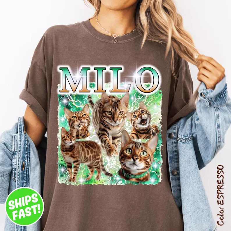 Custom Cat Portrait Bootleg Shirt Personalized Pet Lover Tee Comfort Gift