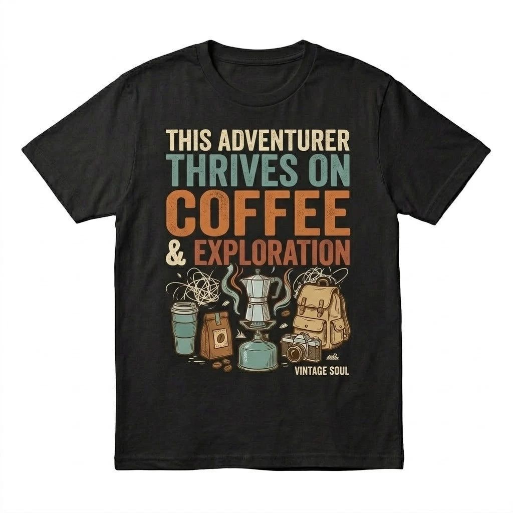 This Adventurer Thrives On Coffee & Exploration T-Shirt Vintage Soul Camping Tee