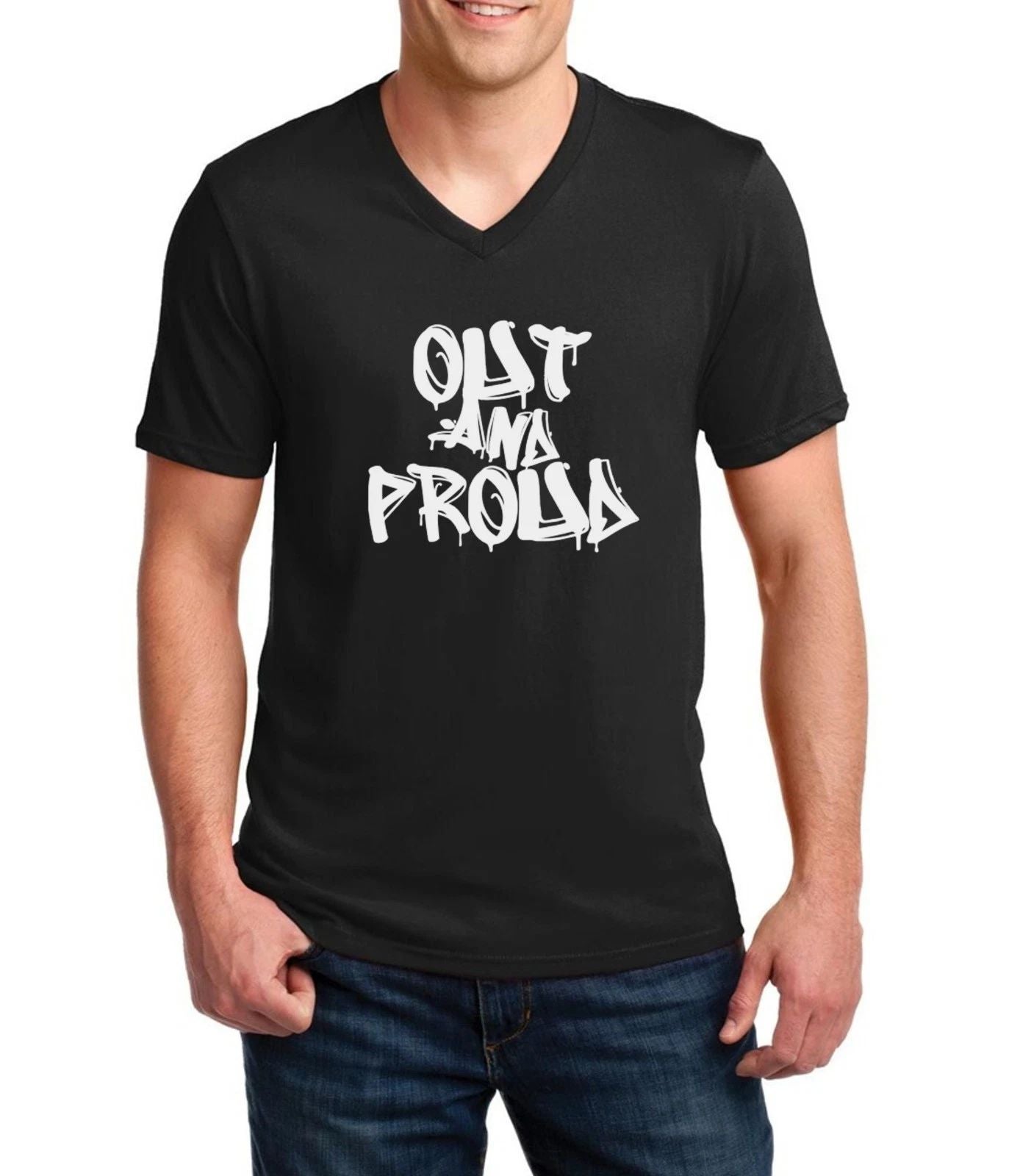 Mens V-neck Out And Proud Shirt Coming Out Tee LGBT Gay Lesbian Bisexual Trans