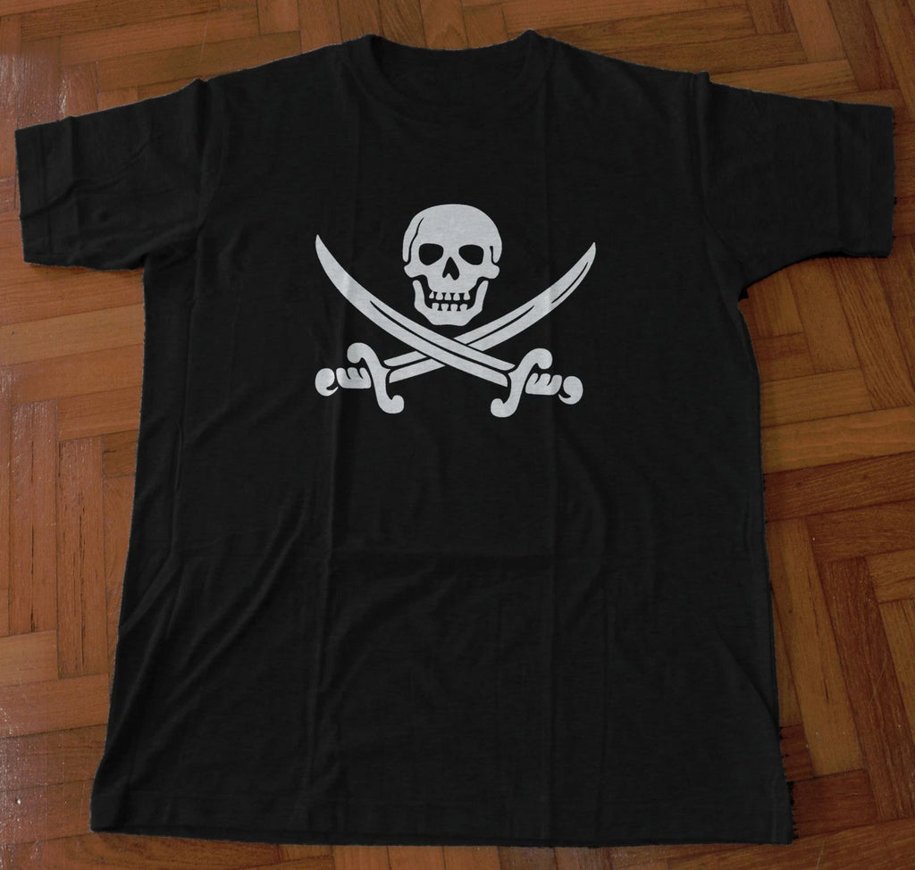 Jolly Roger Screen Printed T-Shirt Pirate Calico Jack Skull Cross Swords Sails