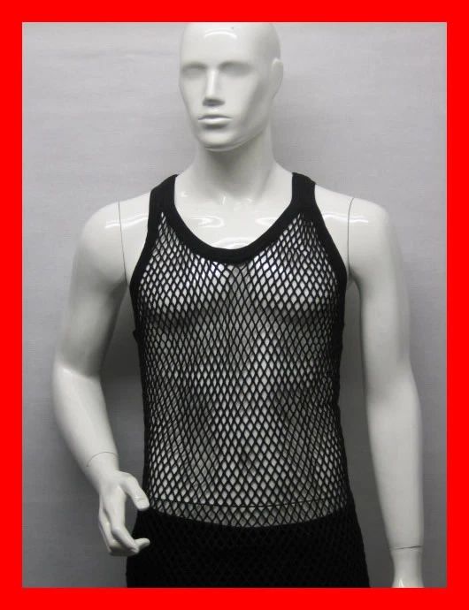Men's Fitted in Black 100% Cotton String Vest Mesh Fishnet Muscle Tank Top