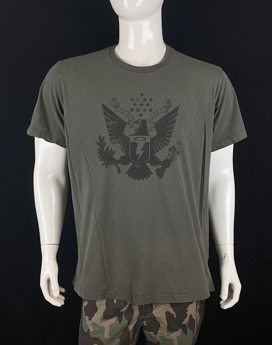 OAKLEY Molon Labe Front Eagle Graphic Gray-Green T Shirt, Men's Size XL