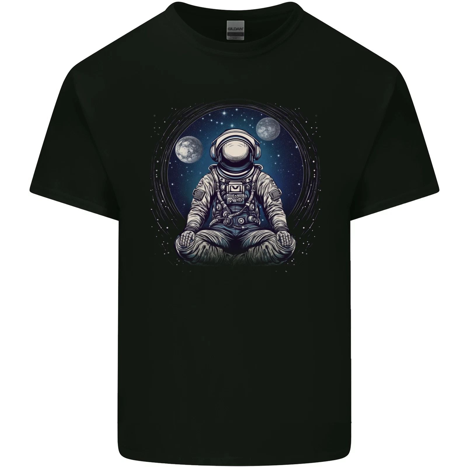 Meditating Astronaut Yoga Space Planets Mens Cotton T-Shirt Tee Top